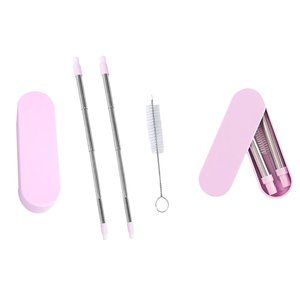 2-Pack:Collapsable Telescopic Easy to Carry Reusable Drinkable Straw (Pink)
